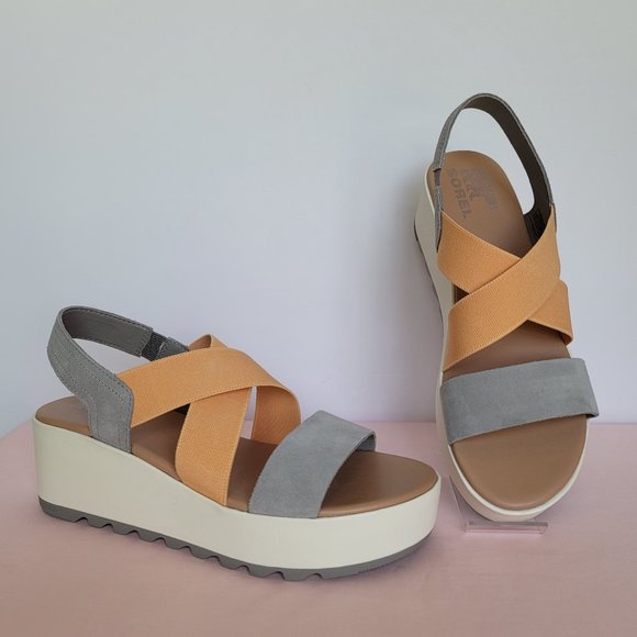 SOREL Cameron Flatform Slingback Suede/Fabric Sandals-Chrome Grey/Chalk Size 9⭐ - Picture 2 of 16